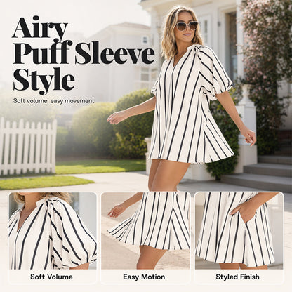 Women's Casual V-Neck Puff Sleeve Dress