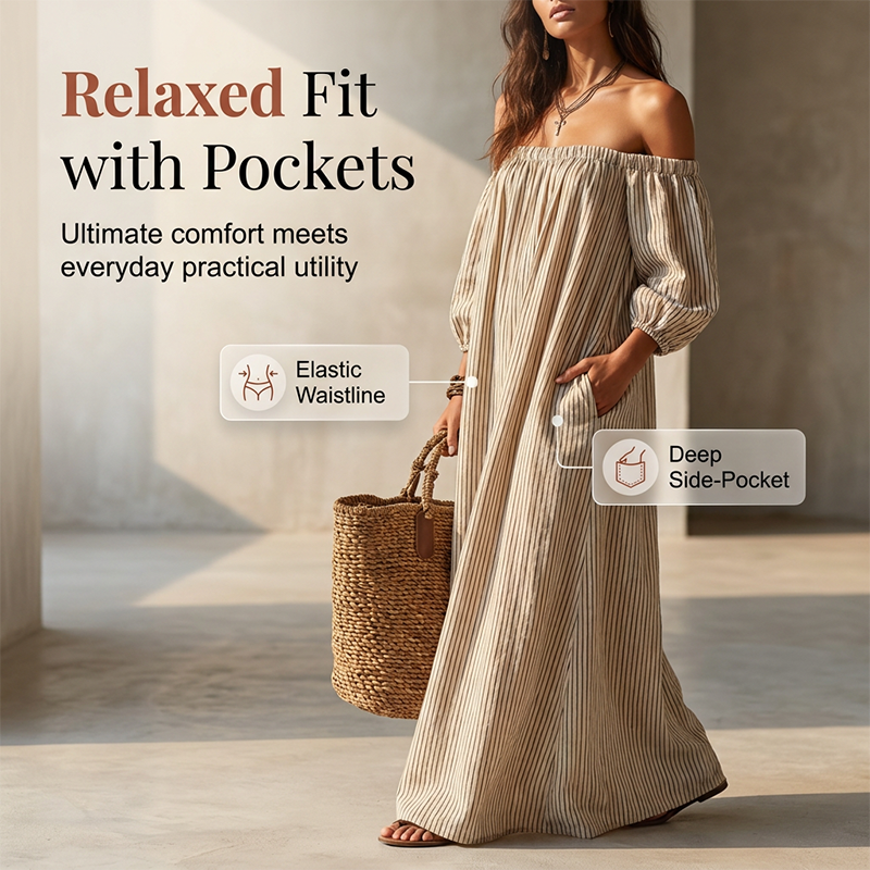 🔥50% OFF NOW👗Women’s Off-Shoulder Lantern Sleeve Maxi Dress Elegant Long Dress for Party & Daily Wear