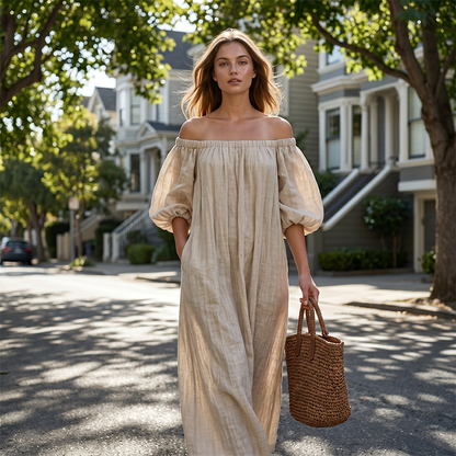 🔥50% OFF NOW👗Women’s Off-Shoulder Lantern Sleeve Maxi Dress Elegant Long Dress for Party & Daily Wear