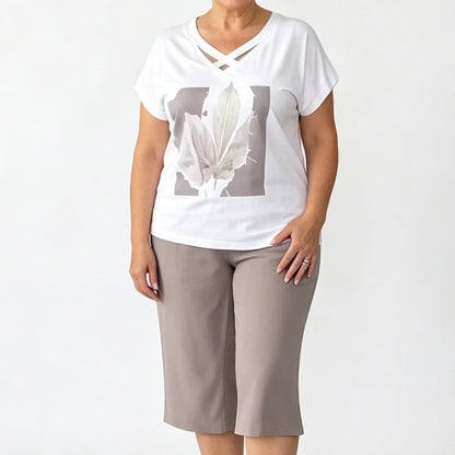 Women Casual Two Piece Set V Neck Tee and Cropped Pants