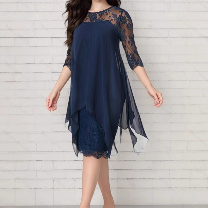 Women's Lace Splicing 3/4 Sleeve Midi Dress