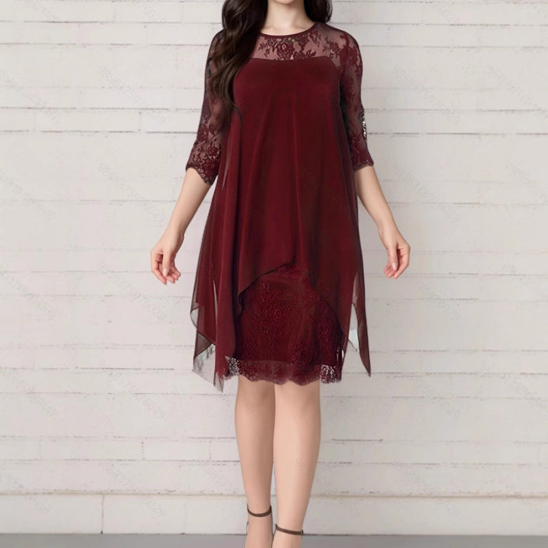 Women's Lace Splicing 3/4 Sleeve Midi Dress