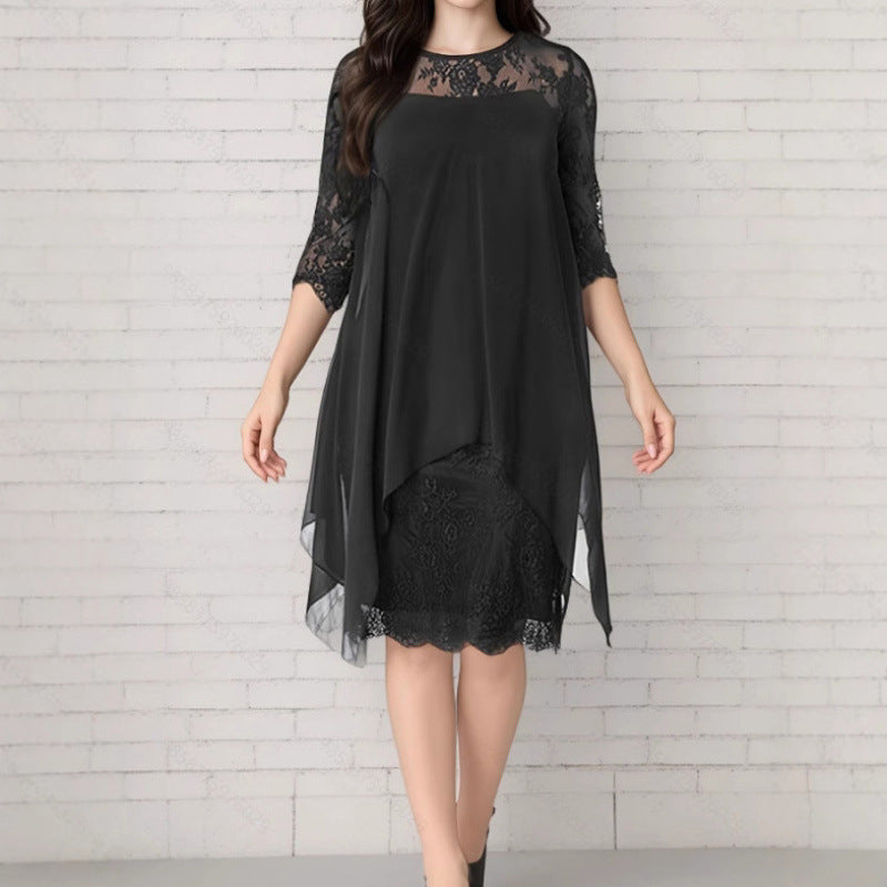 Women's Lace Splicing 3/4 Sleeve Midi Dress
