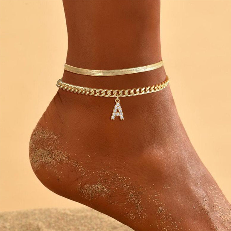 Dainty Layered Gold Initial Anklets for Women