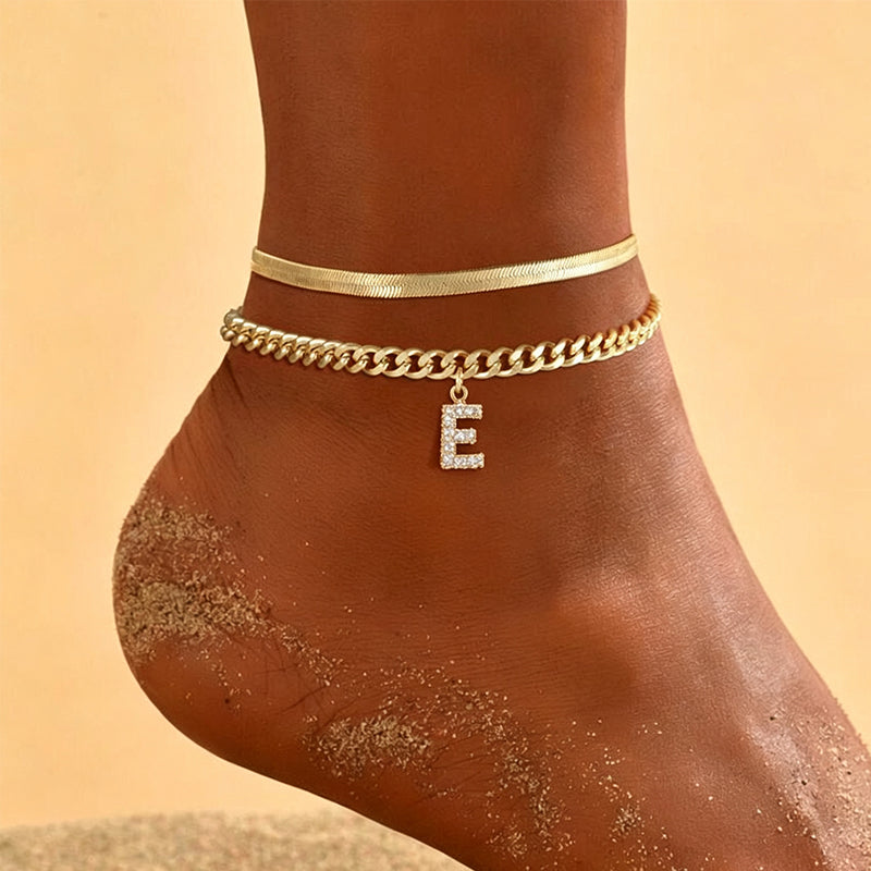 Dainty Layered Gold Initial Anklets for Women