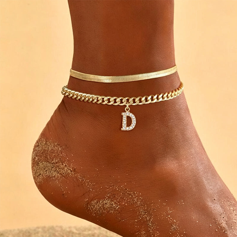 Dainty Layered Gold Initial Anklets for Women