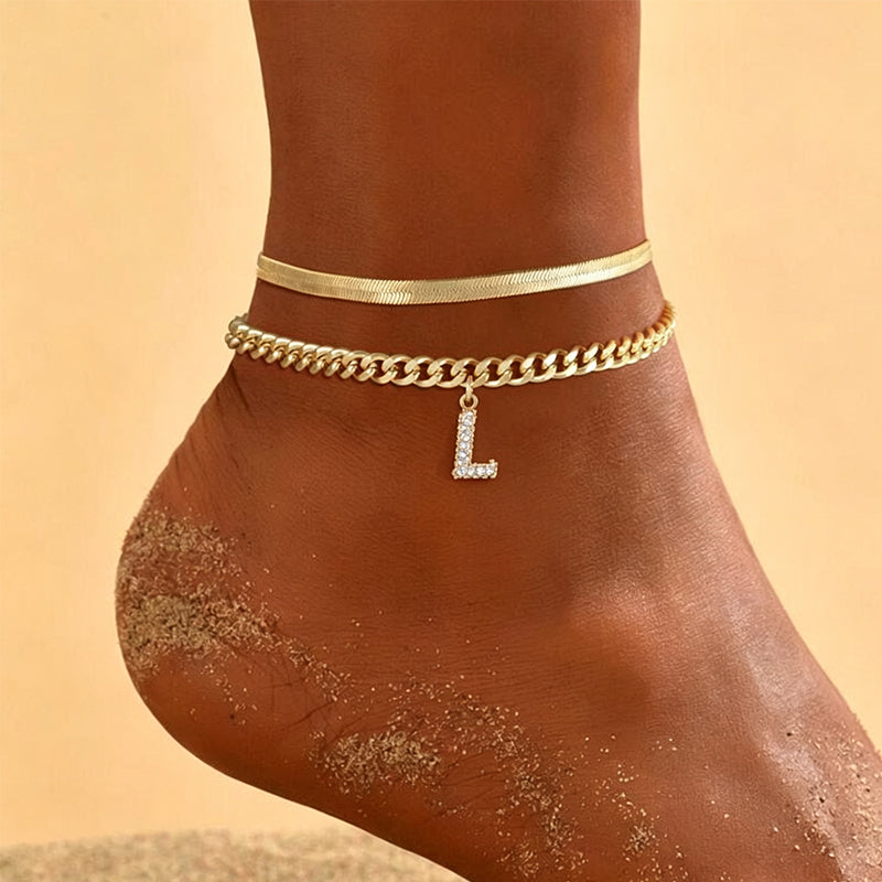 Dainty Layered Gold Initial Anklets for Women