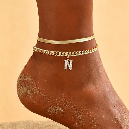 Dainty Layered Gold Initial Anklets for Women