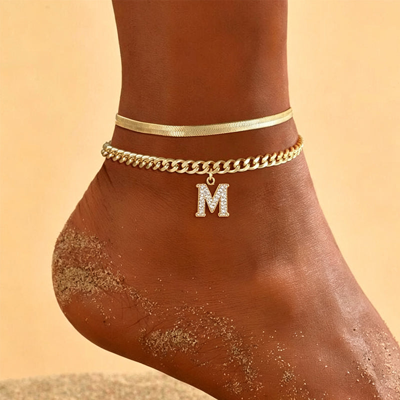 Dainty Layered Gold Initial Anklets for Women