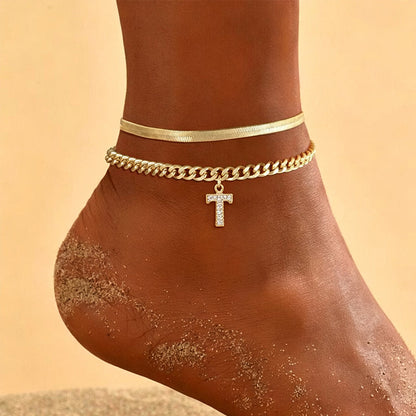 Dainty Layered Gold Initial Anklets for Women