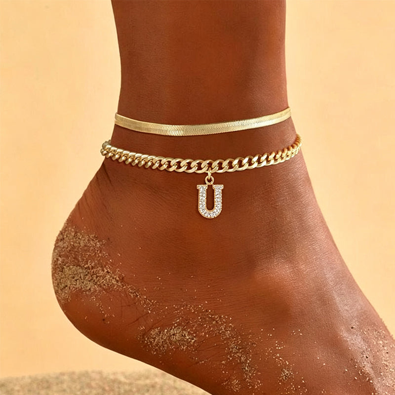 Dainty Layered Gold Initial Anklets for Women