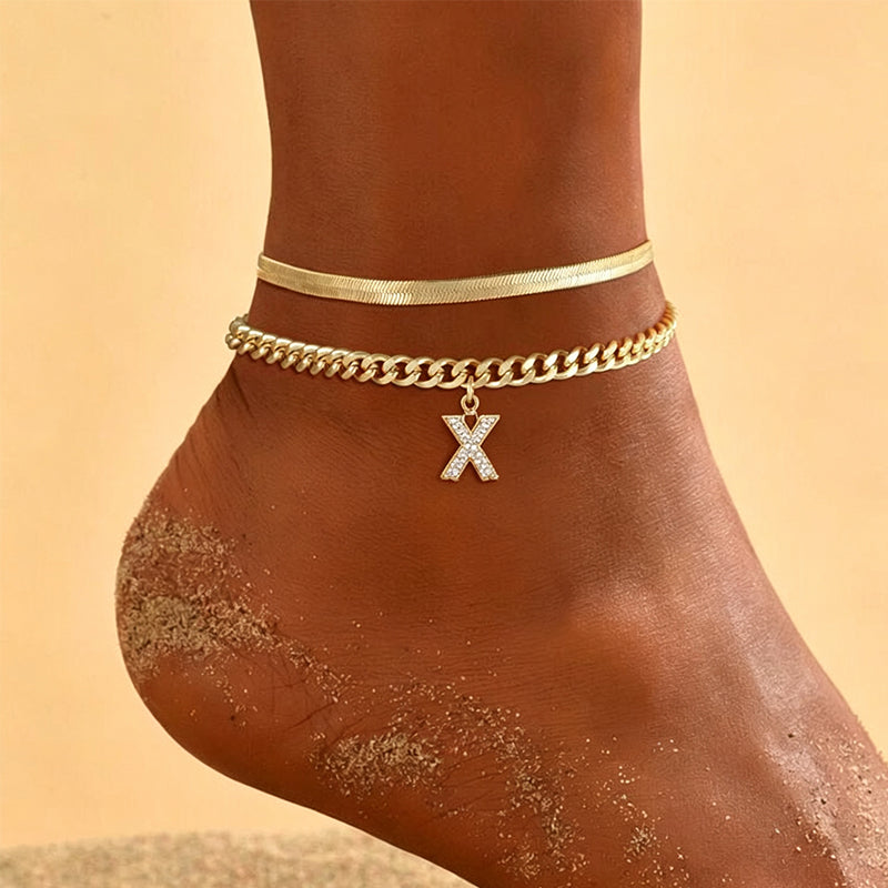 Dainty Layered Gold Initial Anklets for Women