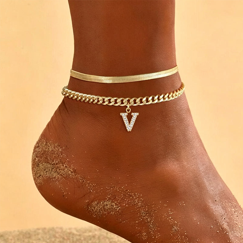 Dainty Layered Gold Initial Anklets for Women