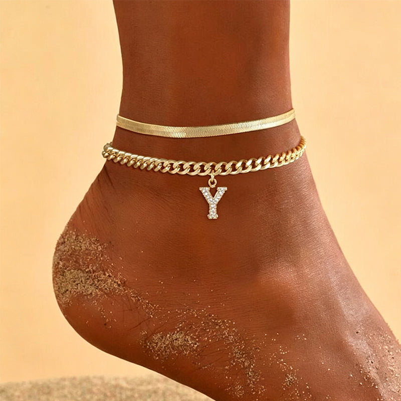 Dainty Layered Gold Initial Anklets for Women
