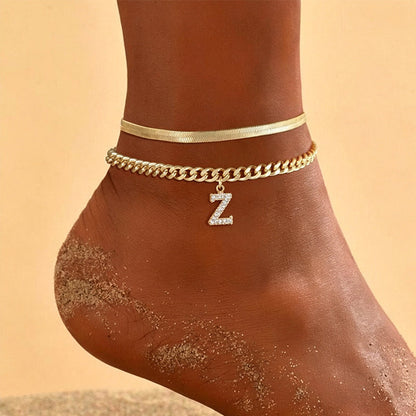 Dainty Layered Gold Initial Anklets for Women