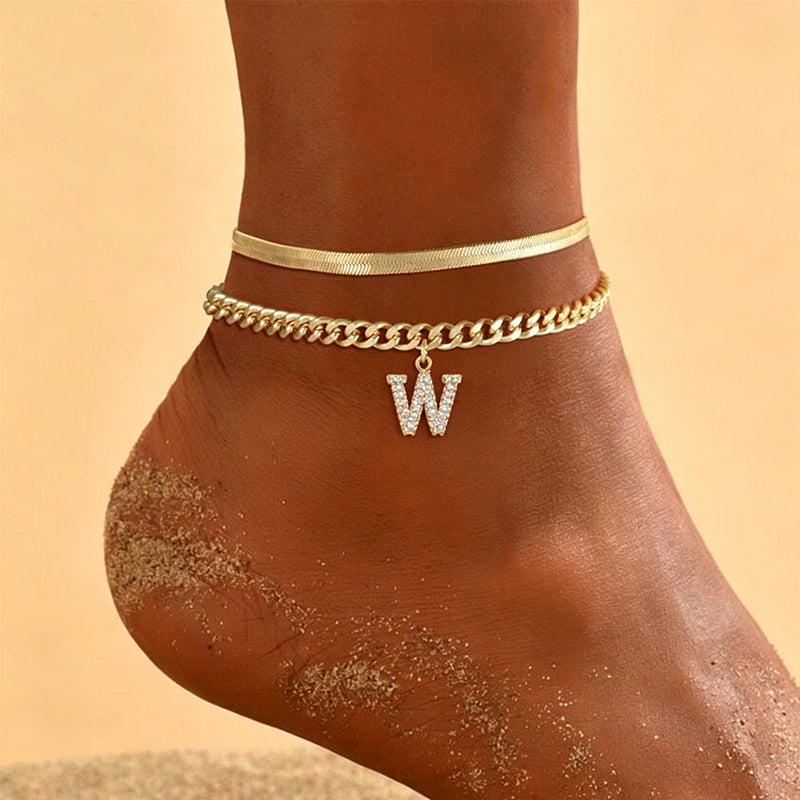 Dainty Layered Gold Initial Anklets for Women