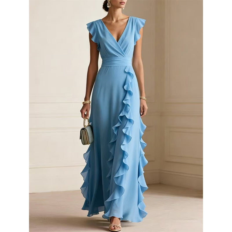 🎉 2026 Sale — Over 29,000 Sold! 💞 Women's V-Neck Ruffled Chiffon Maxi Dress – Effortless Elegance 🌸