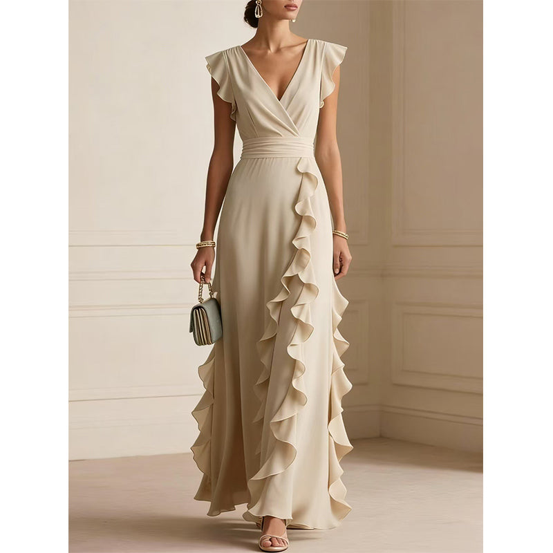 🎉 2026 Sale — Over 29,000 Sold! 💞 Women's V-Neck Ruffled Chiffon Maxi Dress – Effortless Elegance 🌸
