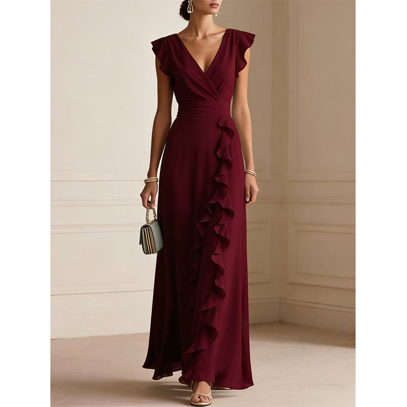 🎉 2026 Sale — Over 29,000 Sold! 💞 Women's V-Neck Ruffled Chiffon Maxi Dress – Effortless Elegance 🌸