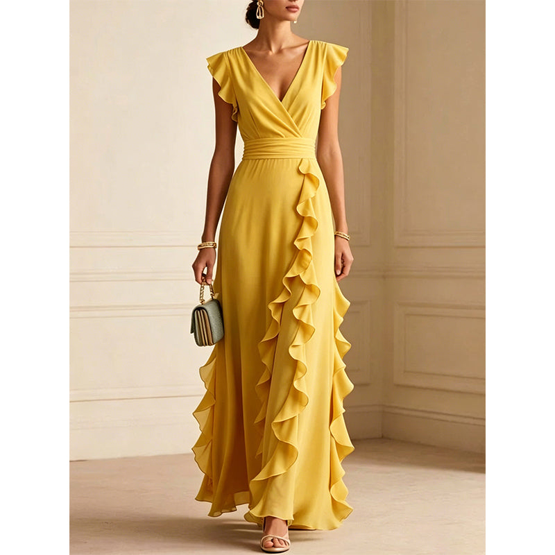 🎉 2026 Sale — Over 29,000 Sold! 💞 Women's V-Neck Ruffled Chiffon Maxi Dress – Effortless Elegance 🌸