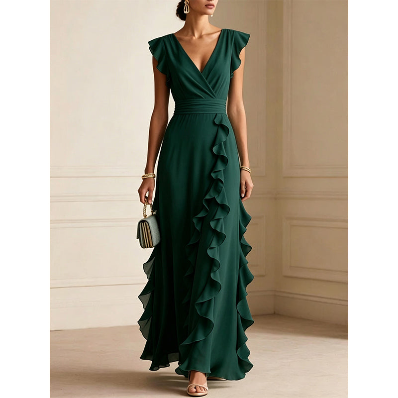 🎉 2026 Sale — Over 29,000 Sold! 💞 Women's V-Neck Ruffled Chiffon Maxi Dress – Effortless Elegance 🌸
