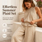 Women Summer Plaid Two Piece Set Ruffle Sleeveless Top and Wide Leg Pants