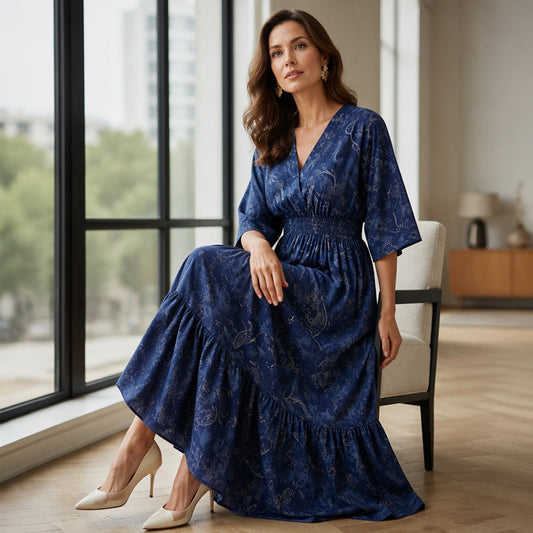 Women's Elegant V-Neck Printed Dress