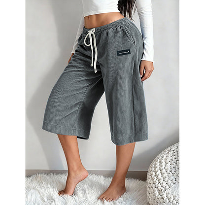 Women's Ribbed Wide-Leg Drawstring Cropped Pants