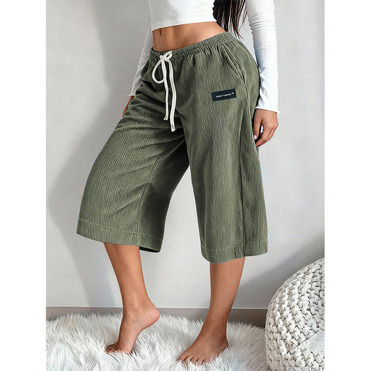 Women's Ribbed Wide-Leg Drawstring Cropped Pants