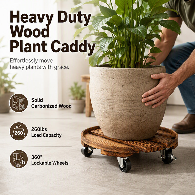 Wooden Plant Stand with Wheels Round Mobile Flower Pot Caddy