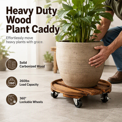 Wooden Plant Stand with Wheels Round Mobile Flower Pot Caddy