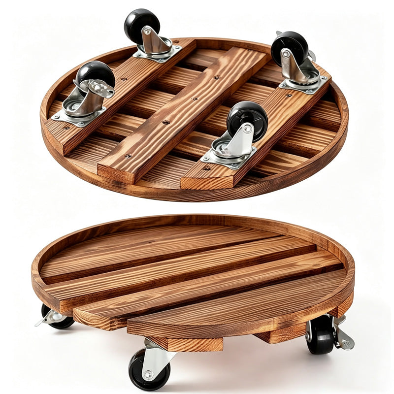 Wooden Plant Stand with Wheels Round Mobile Flower Pot Caddy