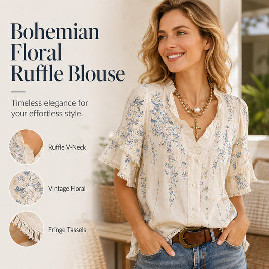 Women's Floral Print Ruffled V-Neck Top