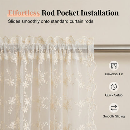 🌸LIMITED-TIME 50% OFF!⏰Embroidered Floral Tie-Up Sheer Curtain
