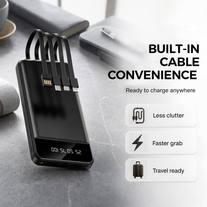 🏕️ High-Capacity Power Bank with Integrated Cables
