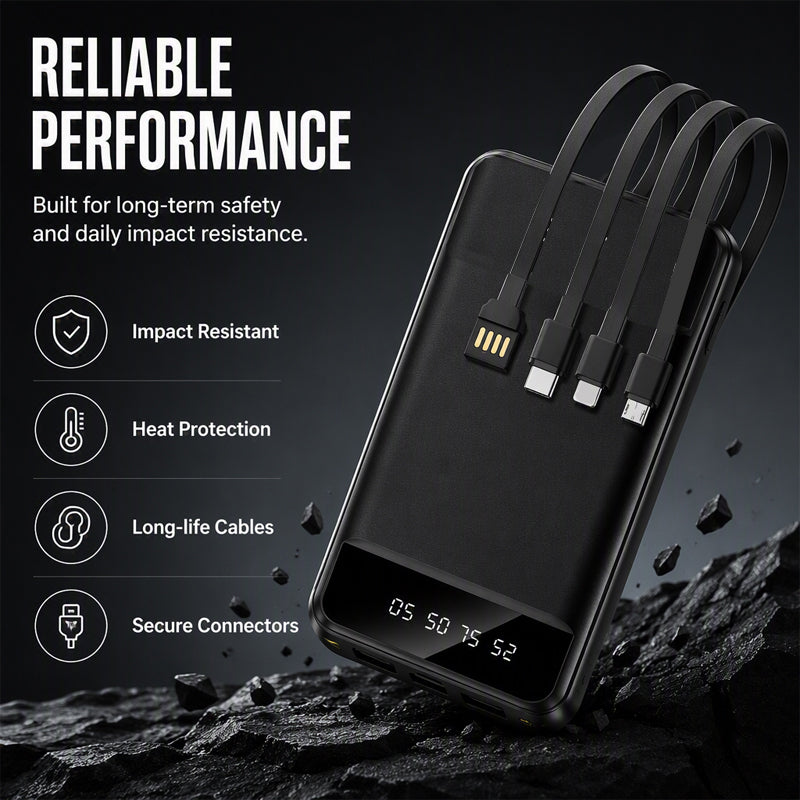 🏕️ High-Capacity Power Bank with Integrated Cables