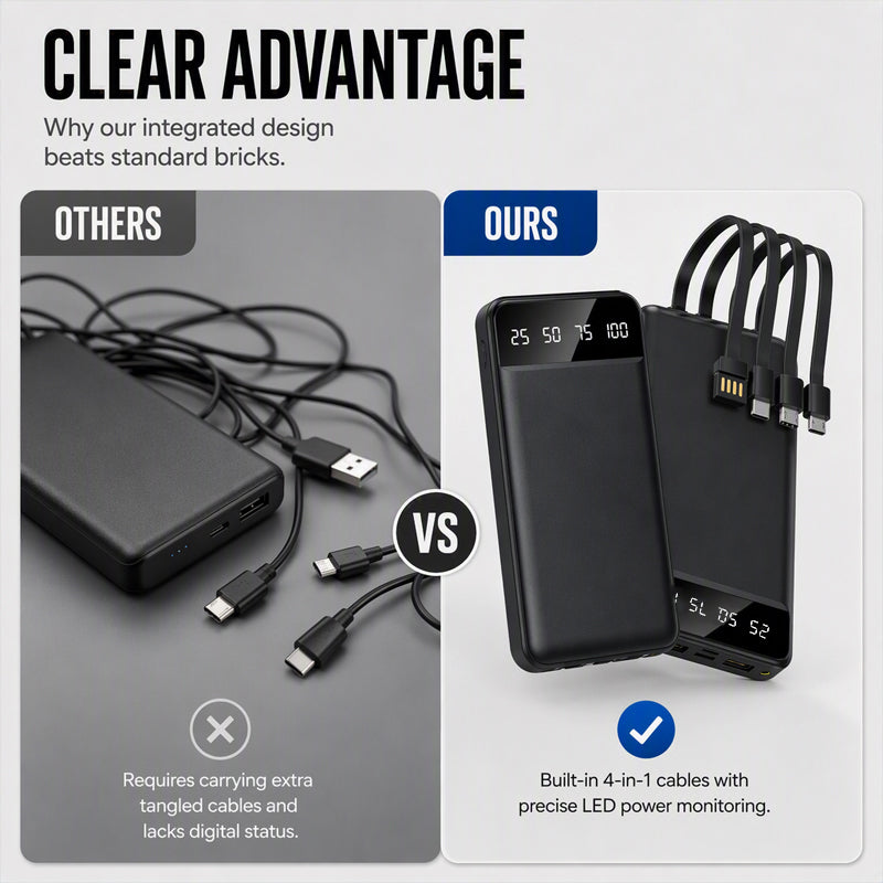 🏕️ High-Capacity Power Bank with Integrated Cables