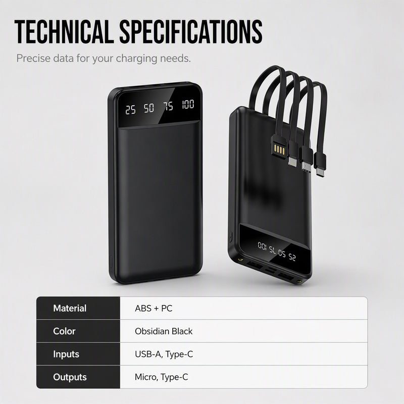 🏕️ High-Capacity Power Bank with Integrated Cables