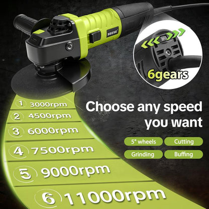 ⚡ SEESE 5‑Inch 8‑Amp Angle Grinder – 6‑Speed Variable, 11000 RPM 🛠️ 🔧 Includes Cutting Wheels, Flap Disc & Auxiliary Handle 💪 Perfect for Cutting, Grinding, Polishing & Rust Removal