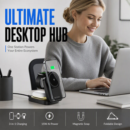 3 in 1 Foldable Wireless Charging Station 15W Fast Charger Desktop Stand