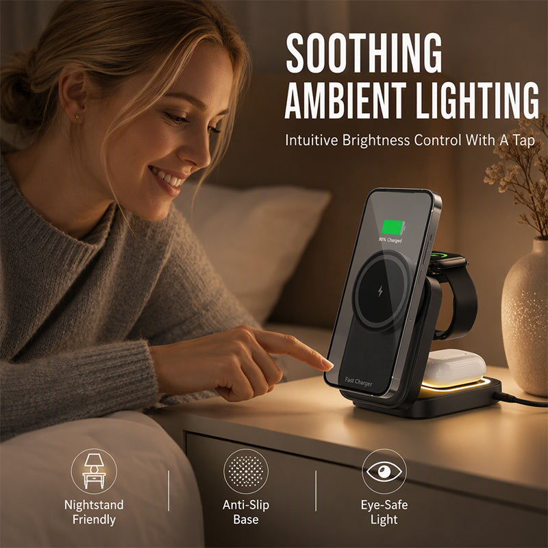 3 in 1 Foldable Wireless Charging Station 15W Fast Charger Desktop Stand