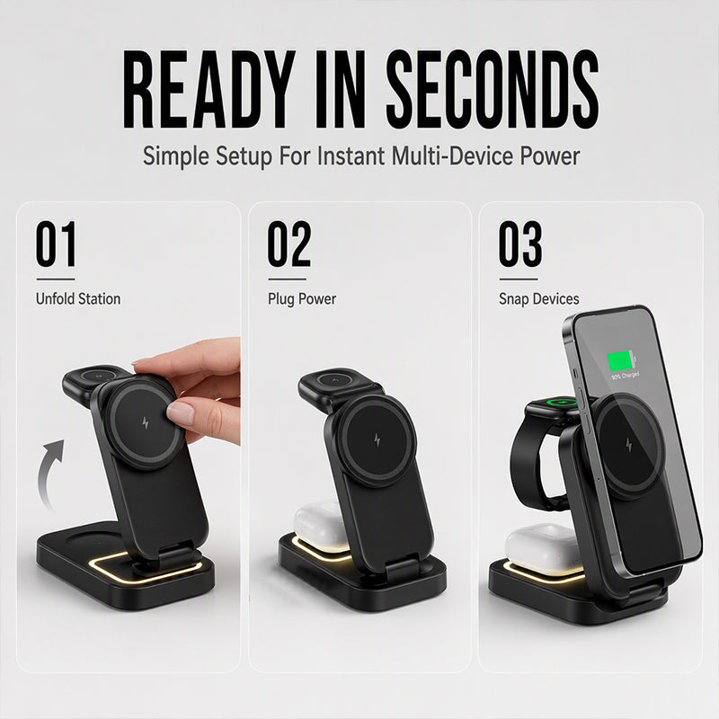 3 in 1 Foldable Wireless Charging Station 15W Fast Charger Desktop Stand
