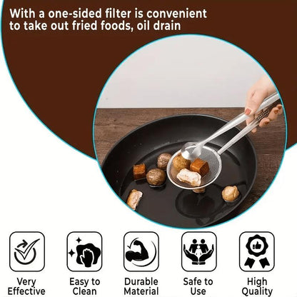 🎉 LIMITED TIME 50% OFF! 🥢 2-in-1 Stainless Steel Food Tongs & Oil Strainer – Fine Mesh, Ergonomic Handle & Easy Clean ✨