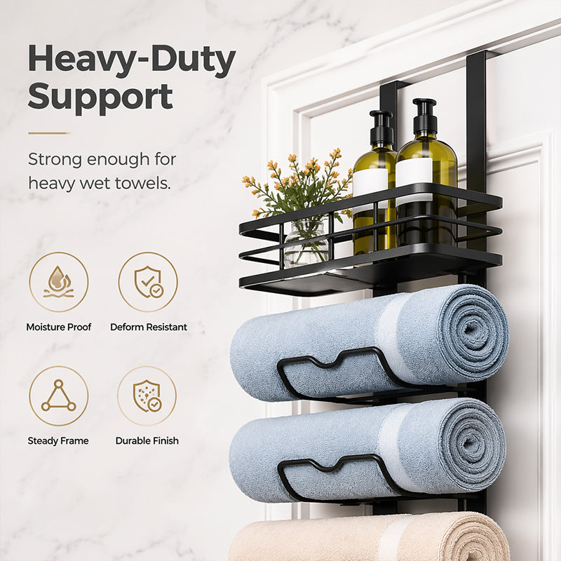 🎉 LIMITED TIME 50% OFF! 🚪 Over-the-Door Towel Rack with Storage Shelf – No-Drill Bathroom Organizer, Carbon Steel & Rustproof Finish ✨