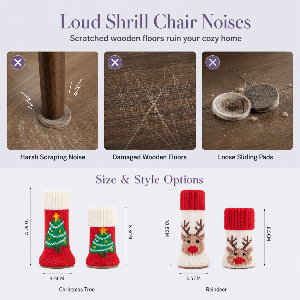 📢📢20% OFF !! ⏰Christmas Knitted Chair Leg Covers with Felt Pads Non Slip Thickened Table Feet Socks Floor Protectors 4-Piece Set