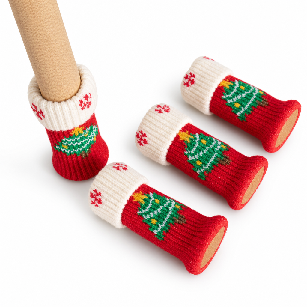 📢📢20% OFF !! ⏰Christmas Knitted Chair Leg Covers with Felt Pads Non Slip Thickened Table Feet Socks Floor Protectors 4-Piece Set