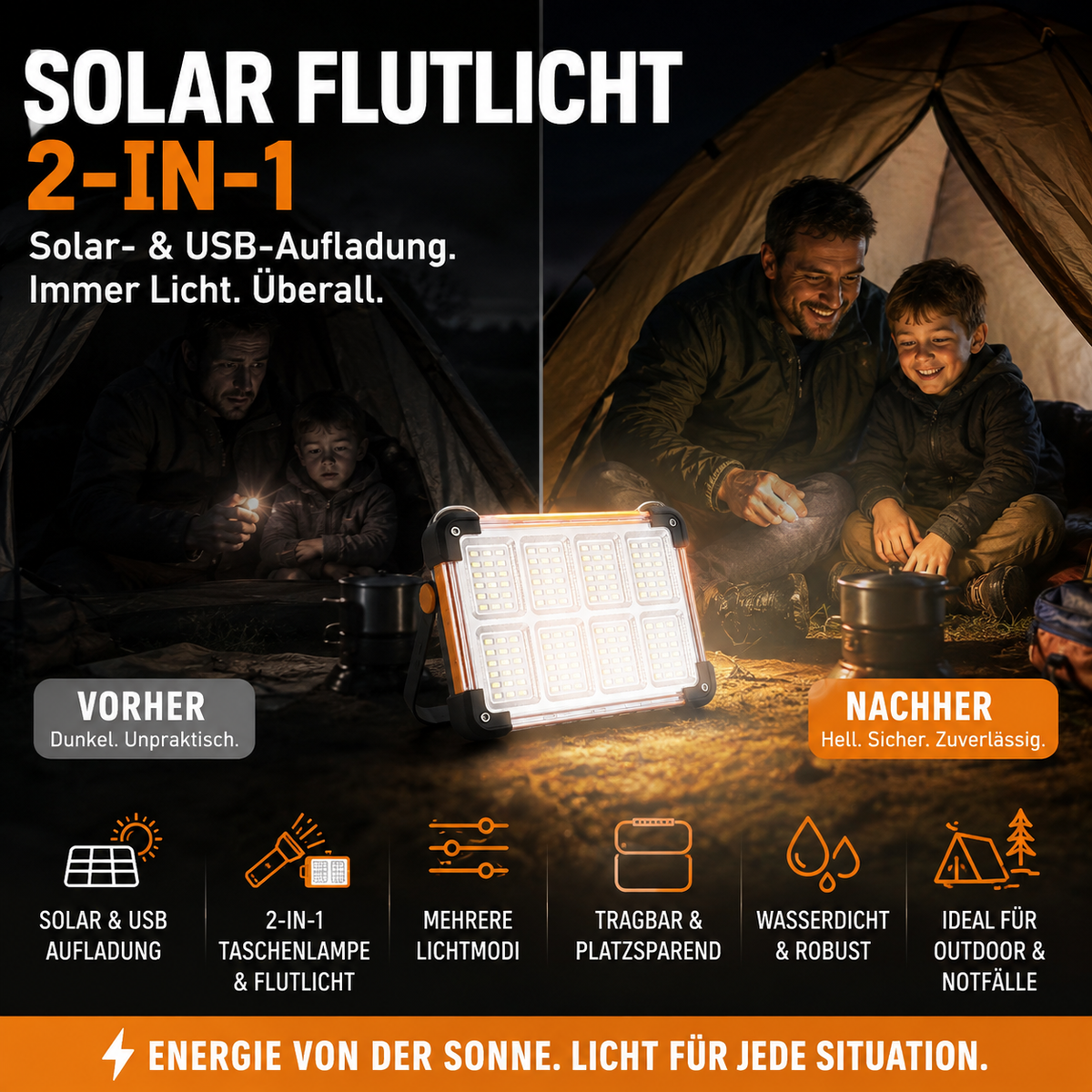 ⚡ 50% OFF NOW! 🔦 Solar LED Work Light & Camping Lantern – Power Bank, 4 Modes & 360° Kickstand – All-Weather Resistant 🏕️