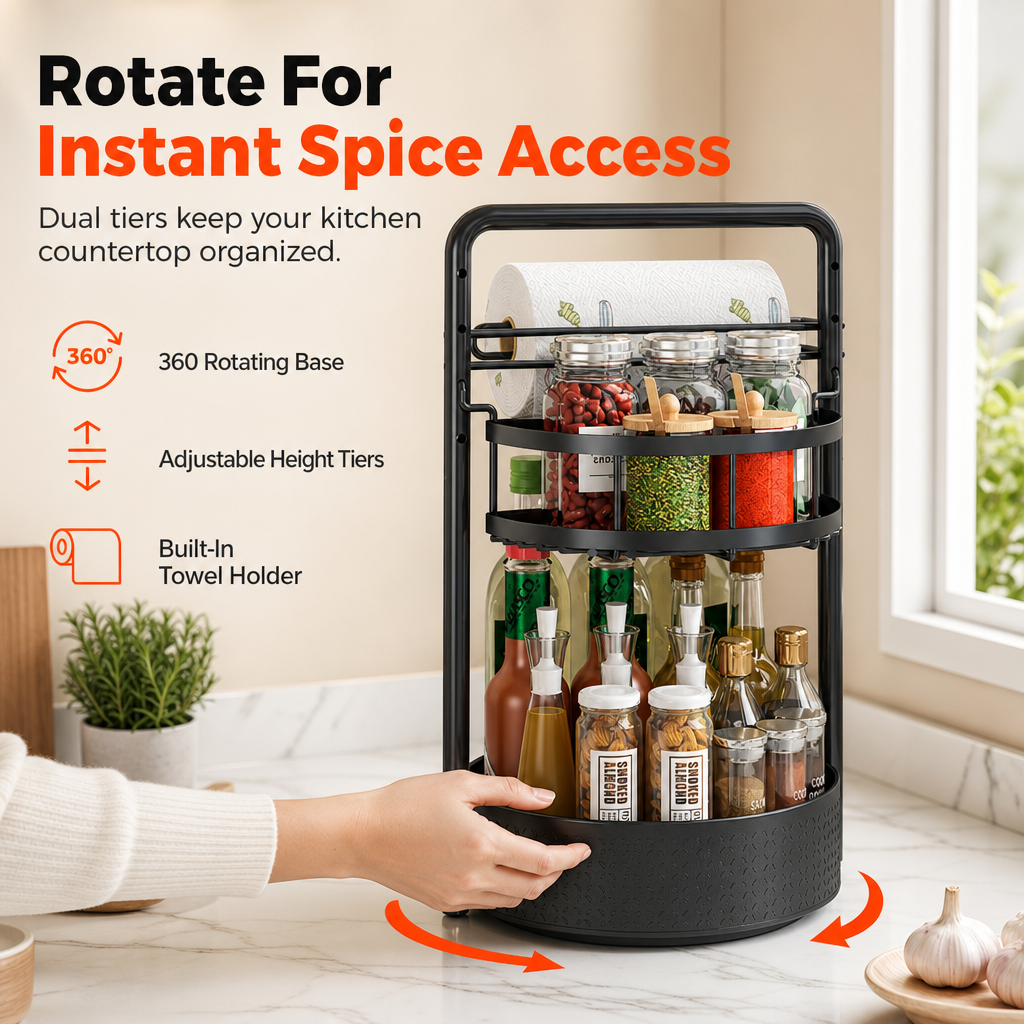 Rotating Spice Rack Organizer for Kitchen Countertop Black 360 Degree Spinning Condiment Holder for Seasoning Bottles and Jars