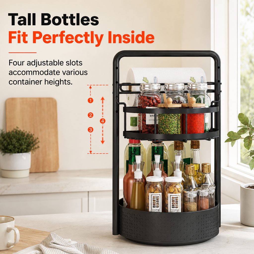 Rotating Spice Rack Organizer for Kitchen Countertop Black 360 Degree Spinning Condiment Holder for Seasoning Bottles and Jars