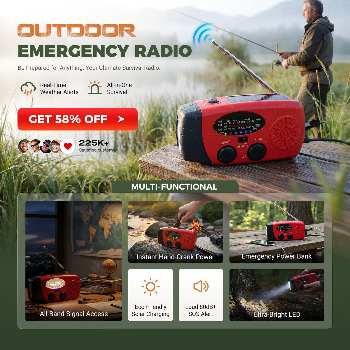 📻Multifunctional Portable Solar Emergency Radio – Power Bank, Hand Crank & Weather Alert for Outdoor & Crisis Preparedness